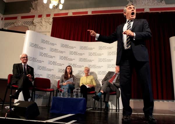 Better Together leader Alistair Darling and former prime minister Gordon Brown speak at a Better Together rally in Dundee. Picture: Hemedia