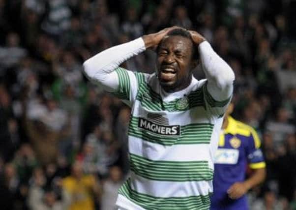Efe Ambrose, left, vents his frustration after passing up a great opporutunity to equalise against Maribor. Picture: JP
