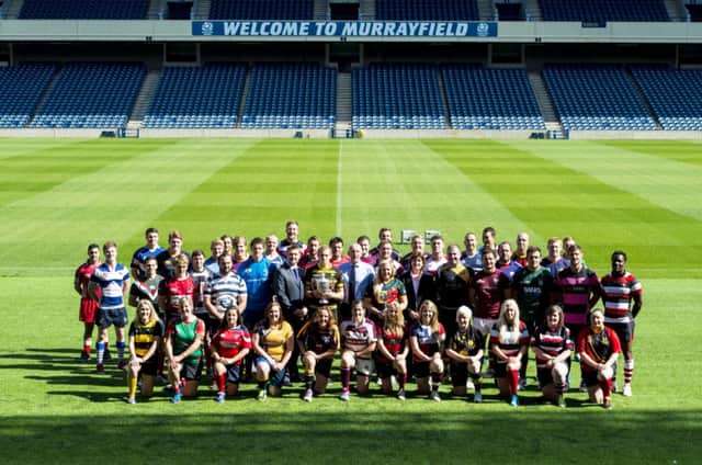 Players representing the top Scottish men and womens rugby sides line up for a photocall at Murrayfield. Picture: SRU/SNS