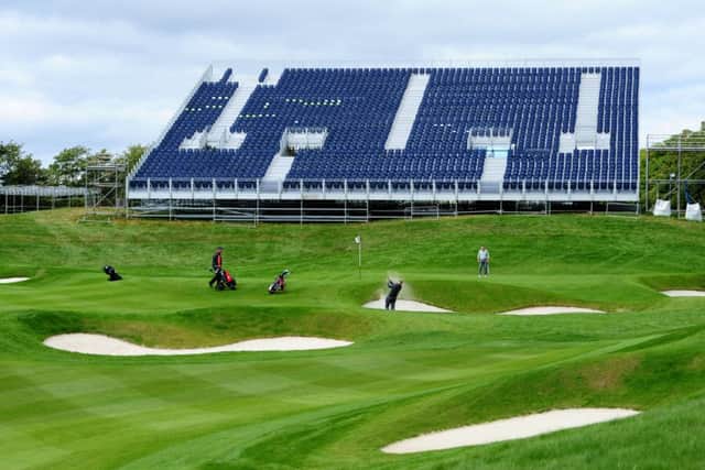 Preparationson the 18th green for the Ryder Cup at Gleneagles. Picture: Ian Rutherford