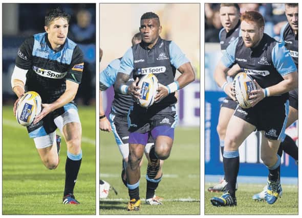 Henry Pyrgos, Niko Matawalu and Murray McConnell are battling for the No 9 jersey. Picture: SNS/SRU