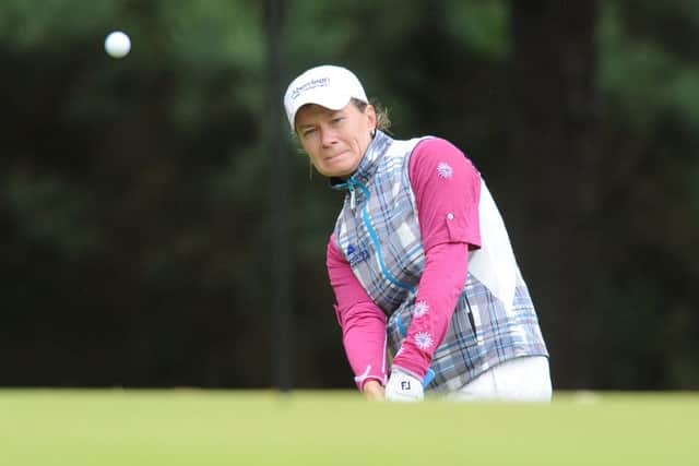 Catriona Matthew chips to the green at the eighth during the Scottish Womens Open at Archerfield. Picture: Neil Hanna