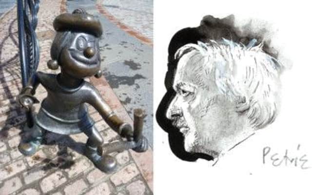 The statue of Minnie the Minx in Dundee, left, and a self-portrait drawn by Petrie. Pictures: Contributed