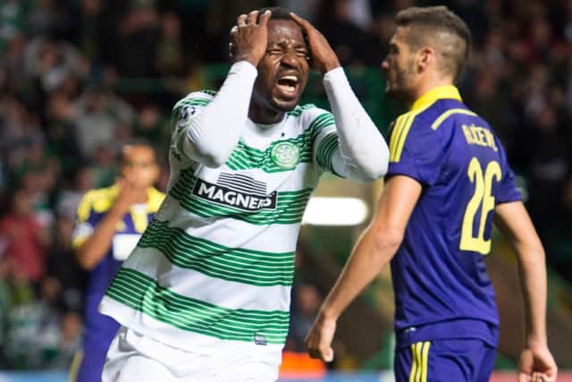 Efe Ambrose was not the only one in anguish when he missed an easy chance against Maribor. Photograph: SNS