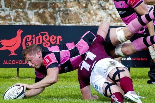 Fergus Scott scores Ayrs second try to give the home side an 18-7 half-time lead against old rivals Gala. Photograph: Gary Hutchison/SNS