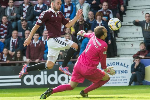 Hearts striker James Keatings attempts to lift the ball over Falkirk goalkeeper Jamie MacDonald at Tynecastle. Picture: Ian Georgeson
