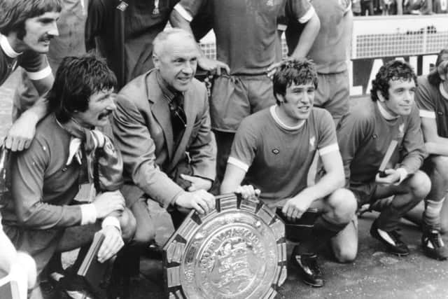 Bill Shankly with, front from left, Tommy Smith, Emlyn Hughes and Ian Callaghan in 1974. Picture: Getty
