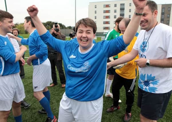 Ruth Davidson MSP and Better Together celebrates winning the charity penalty shoot-out. Picture: Hemedia