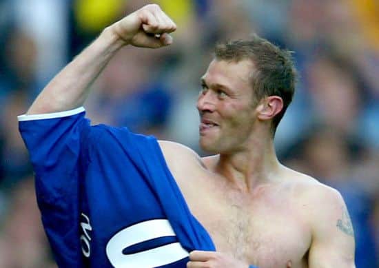 Everton's Duncan Ferguson celebrates after scoring against Leeds United. Picture: Reuters