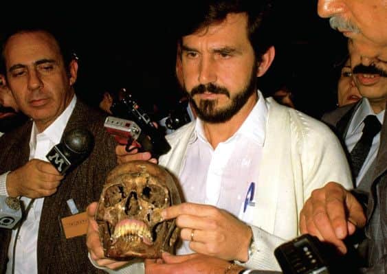 Forensic team ldr. Dr. Romero Munoz (C) presenting evidence identifying exhumed skeleton as that of Nazi war criminal Dr. Josef Mengele. Picture: Getty