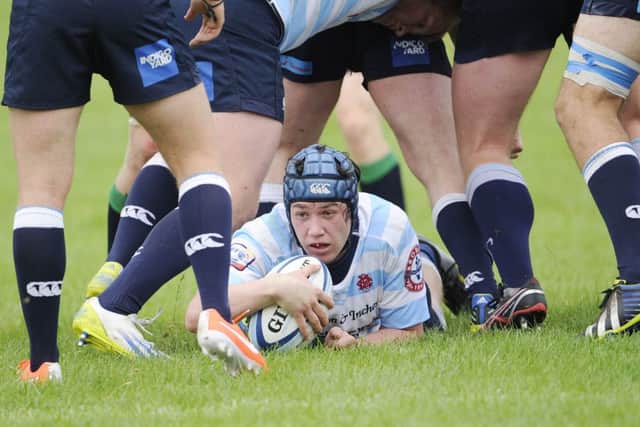 Ronan Seydak of Edinburgh Accies enjoys a rare touch of possession in a games that was all Boroughmuir. Picture: Greg Macvean