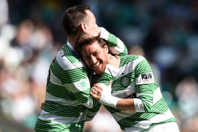 Martin Compston (left) congratulates James McAvoy after the latter levelled the scoreline.Picture: SNS