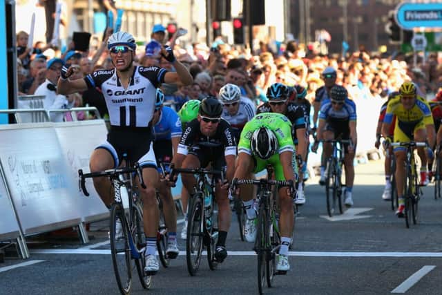 Marcel Kittel celebrates after winning the first stage of the Tour of Britain in Liverpool. Picture: Getty Images