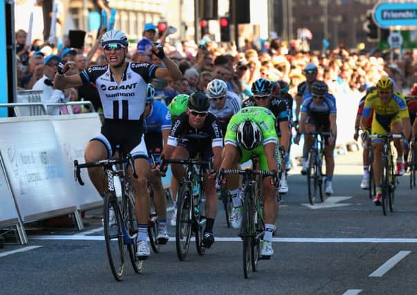Marcel Kittel celebrates after winning the first stage of the Tour of Britain in Liverpool. Picture: Getty Images