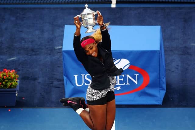 Serena Williams jumps for joy after defeating Caroline Wozniacki in New York. Picture: Getty
