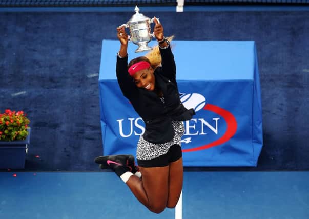 Serena Williams jumps for joy after defeating Caroline Wozniacki in New York. Picture: Getty