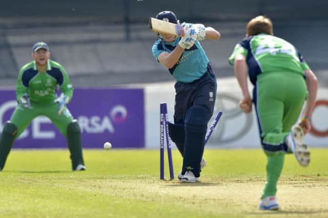 Scotlands Hamish Gardiner is bowled by Irish ODI debutant Craig Young  Picture: ©INPHO/Presseye/Rowland White