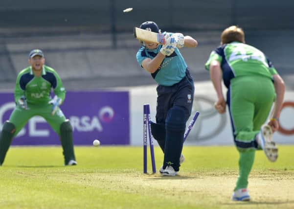 Scotlands Hamish Gardiner is bowled by Irish ODI debutant Craig Young  Picture: ©INPHO/Presseye/Rowland White