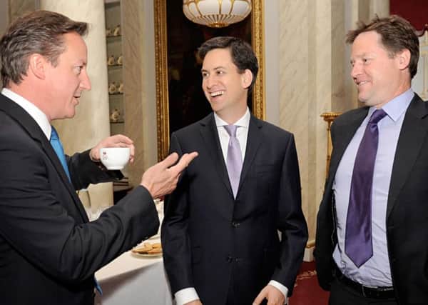 David Cameron, Ed Miliband and Nick Clegg are to travel north in a last ditch bid to save the UK. Picture: Getty