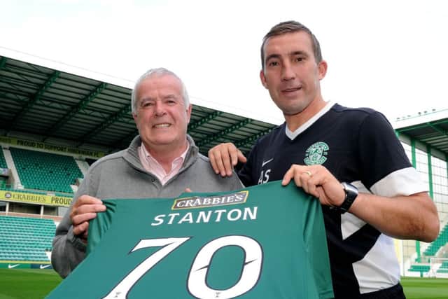 Pat Stanton receiving a shirt from Alan Stubbs for his 70th. Picture: Lisa Ferguson