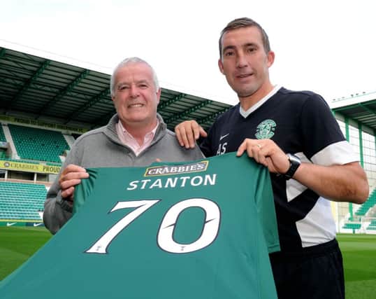 Pat Stanton receiving a shirt from Alan Stubbs for his 70th. Picture: Lisa Ferguson