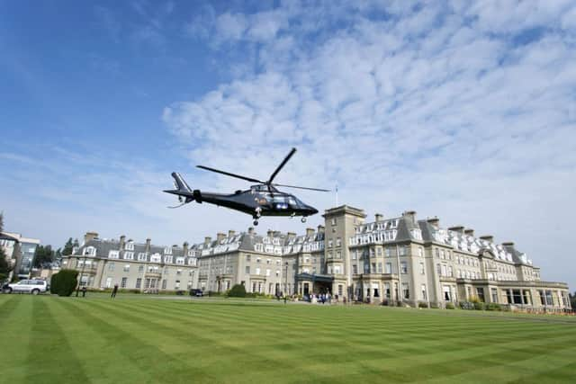 Kayleigh Singer, from South Queensferry flew into Gleneagles today to officially hand over the Ryder Cup. Picture: PA