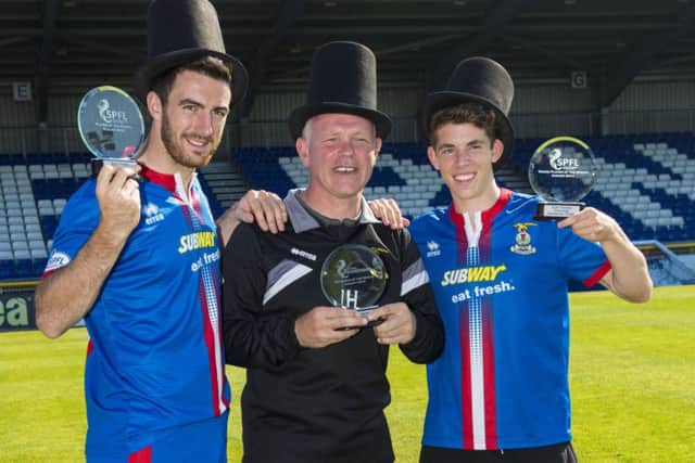 Player of the Month Ross Draper and young player Ryan Christie with John Hughes. Picture: SNS