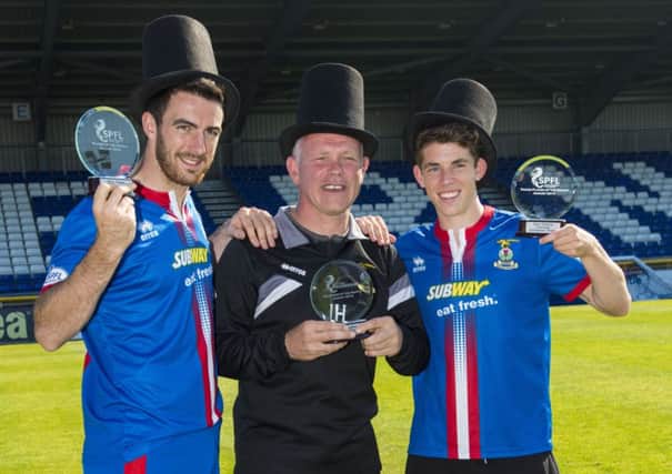 Player of the Month Ross Draper and young player Ryan Christie with John Hughes. Picture: SNS
