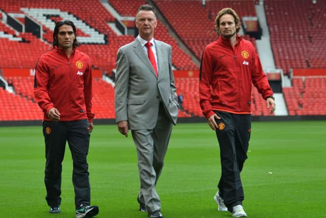Radamel Falcao and Daley Blind flank manager Louis van Gaal. Picture: Getty