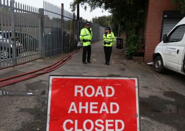 Emergency services at the scene at Manchester Dogs Home, Manchester, after a blaze killed more than 50 dogs. Picture: PA
