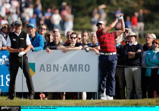 Pablo Larrazabal of Spain hits his tee shot on the 18th at the KLM Open. Picture: Getty