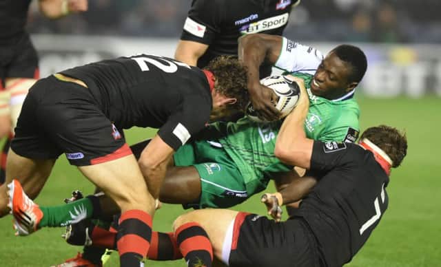 Andries Strauss, left, and Hamish Watson, right, combine to bring down Connachts Niyi Adeolokun  Picture: SNS