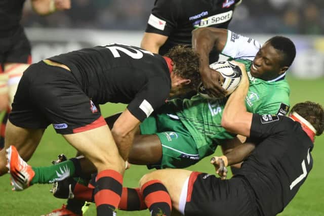 Andries Strauss, left, and Hamish Watson, right, combine to bring down Connachts Niyi Adeolokun  Picture: SNS