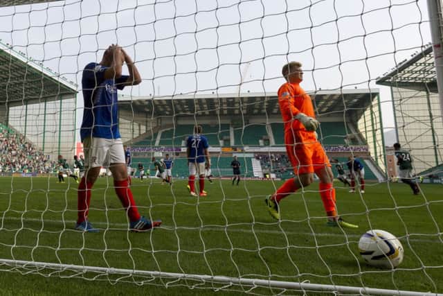 Iain Campbell (left) and keeper Robbie Thompson hang their heads as Hibernian snatch the win in the dying minutes. Picture: SNS