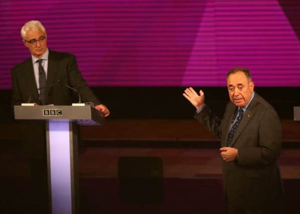 Better Together leader Alistair Darling and First Minister Alex Salmond at the second television debate. Picture: PA