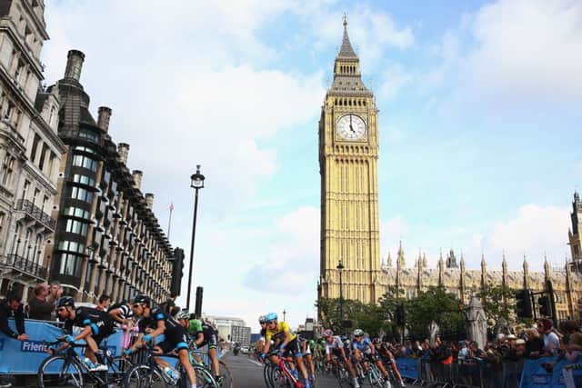 Dylan van Baarle, in the yellow jersey, won the Tour of Britain in London yesterday. Picture: Getty