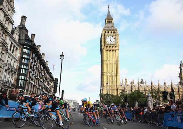 Dylan van Baarle, in the yellow jersey, won the Tour of Britain in London yesterday. Picture: Getty
