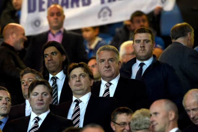 Rangers chief executive Graham Wallace  in the director's box with director James Easdale and shareholder Sandy Easdale. Picture: SNS