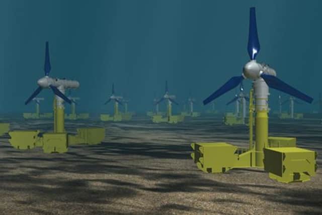 A graphic showing turbines on the seabed