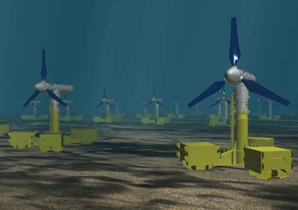 A graphic showing turbines on the seabed