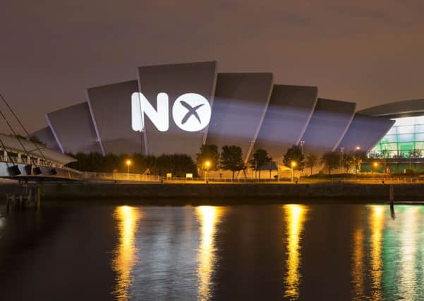 A giant No Thanks is projected onto the Armadillo in Glasgow as the Better Together campaign draws to a close in the battle for Scottish Independence.  Picture: Robert Perry