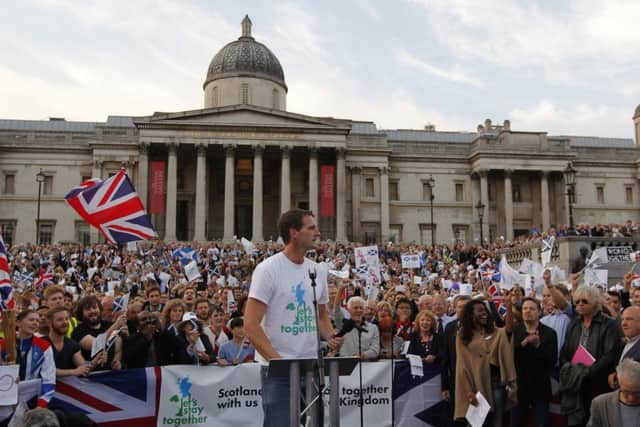 Broadcaster Dan Snow addresses the unity rally in Londons Trafalgar Square. Picture: Getty