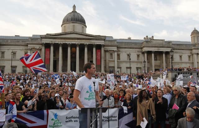 Broadcaster Dan Snow addresses the unity rally in Londons Trafalgar Square. Picture: Getty