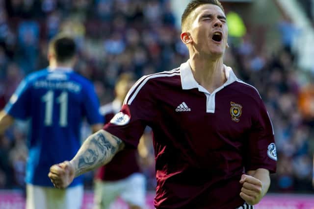 Hearts' Jamie Walker celebrates after making it 2-1 to the home side. Picture: SNS