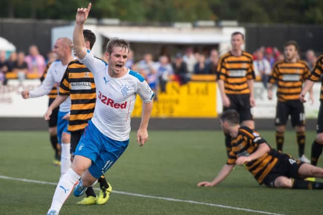 David Templeton celebrates after equalising for Rangers. Picture: SNS