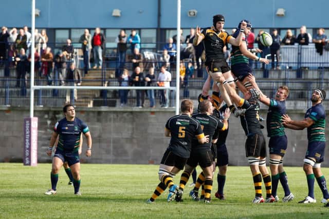 Boroughmuir and Currie contest a line-out during the away sides 21-8 victory at Meggetland. Picture: Scott Louden
