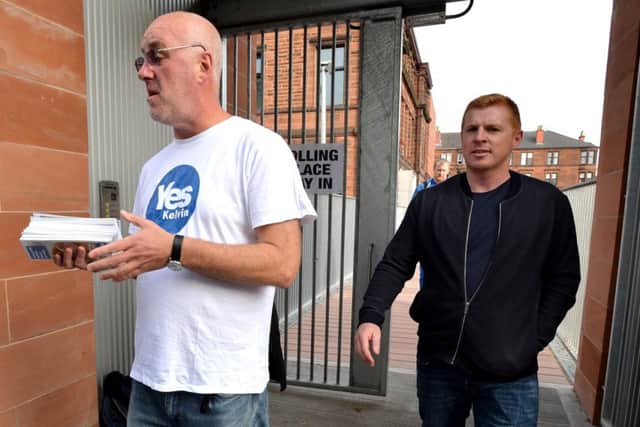 Neil Lennon, pictured after voting in the referendum, is still waiting to return to management. Picture: Getty