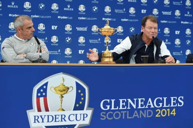 Tom Watson speaks during yesterdays joint press conference with his Europe counterpart Paul McGinley. Picture: Ian Rutherford