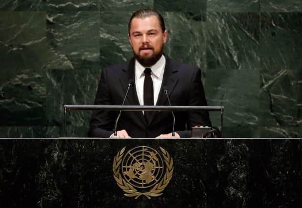 Leonardo DiCaprio addresses the climate change summit yesterday. Picture: AP
