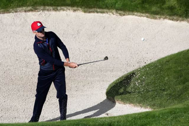 Zach Johnson plays out the bunker during practice. Picture: PA